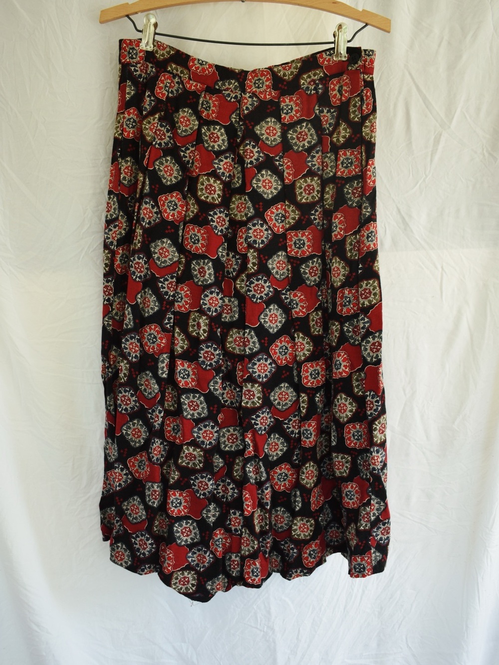 Talbots Black Midi Skirt with Red, Green, and Blue Medallion Print